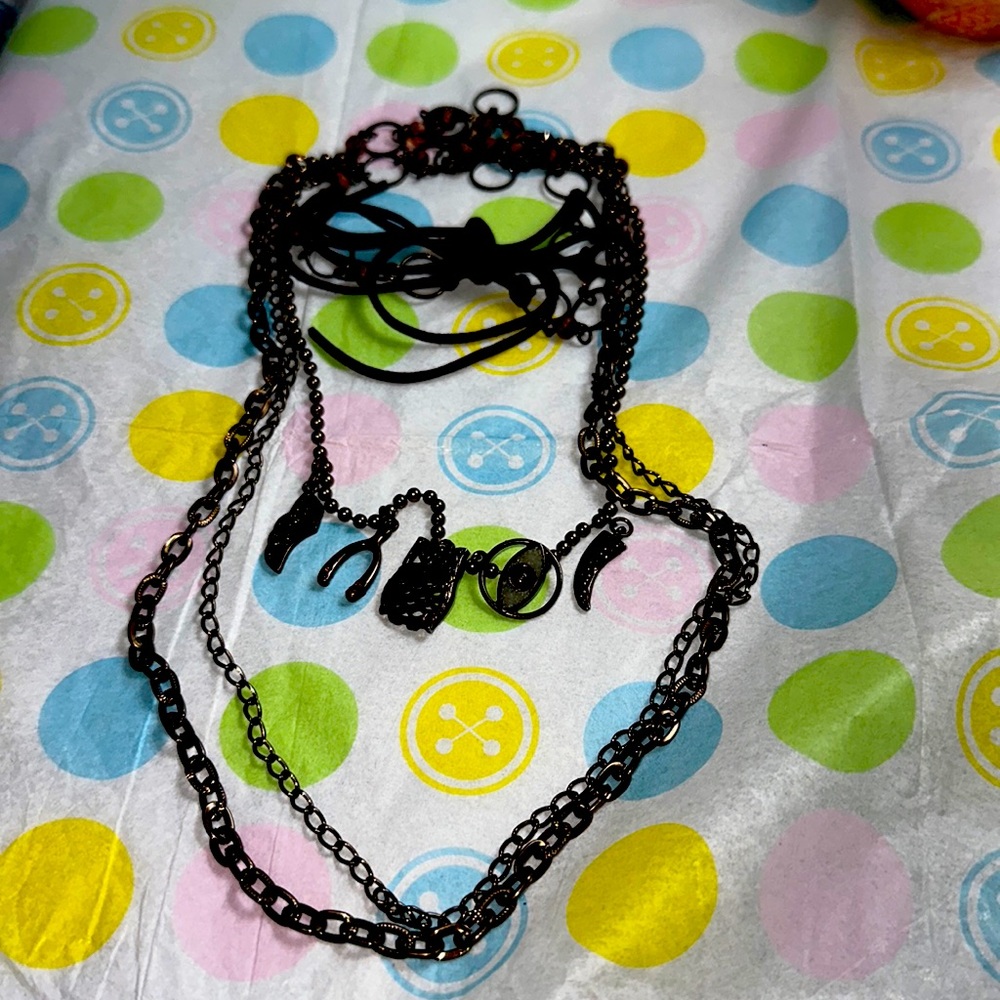 Long Necklace with Beads, Wing, Wish Bone, Owl, Eye, & Tooth. Clean.